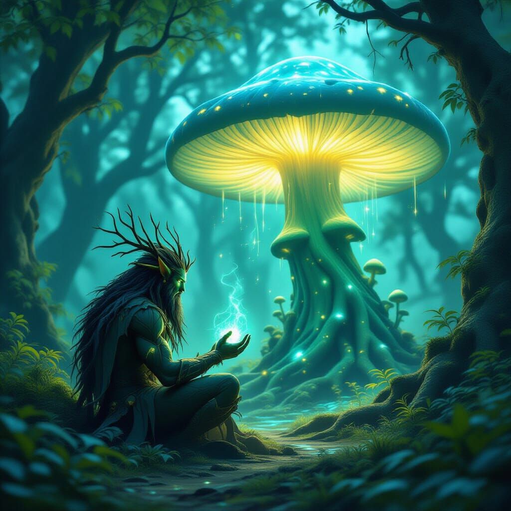 A powerful druid, with bark-like skin and eyes that glow with ancient magic, communes with a colossal, bioluminescent mushroom in a hidden f...