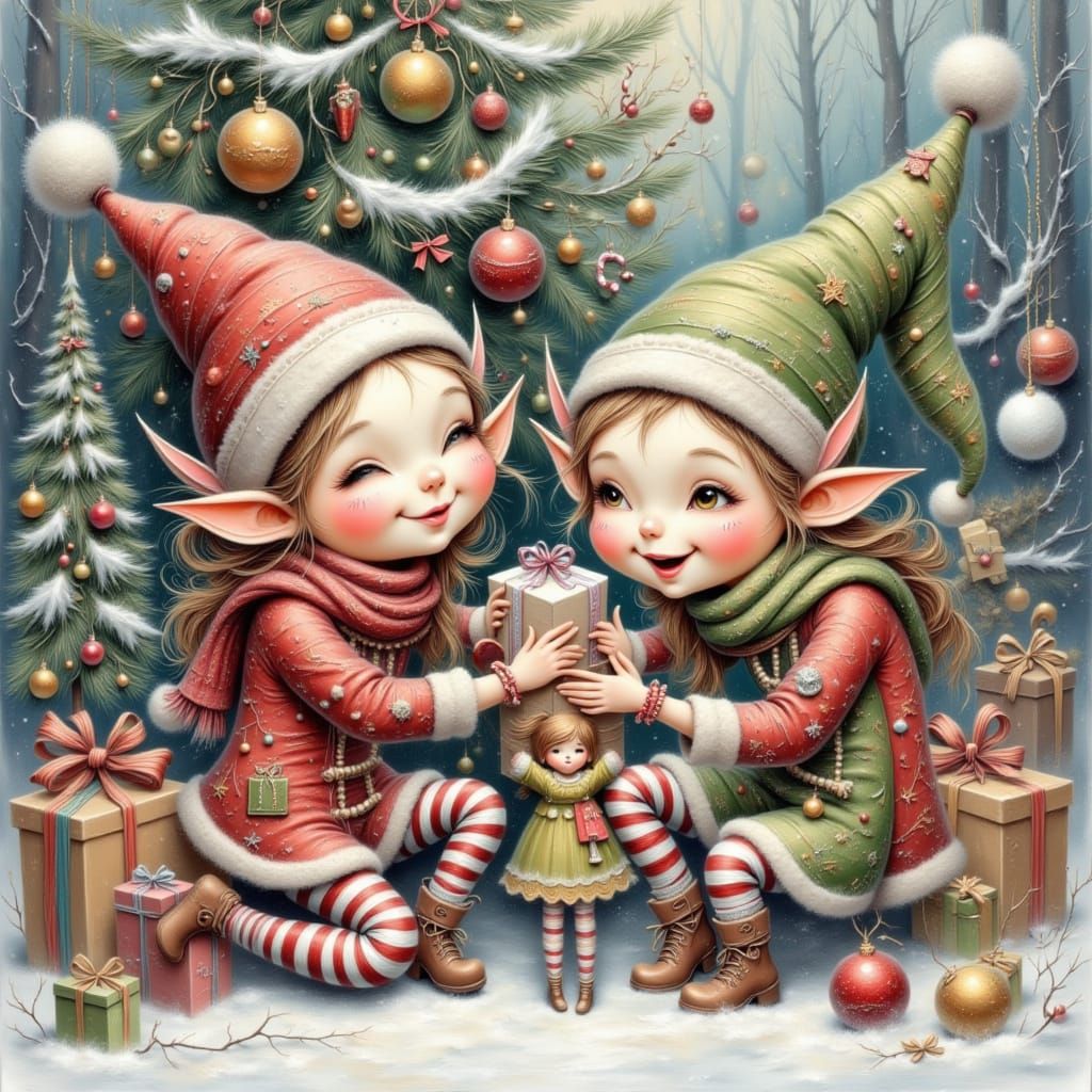 Elves Decorating Christmas Tree in Sweaters