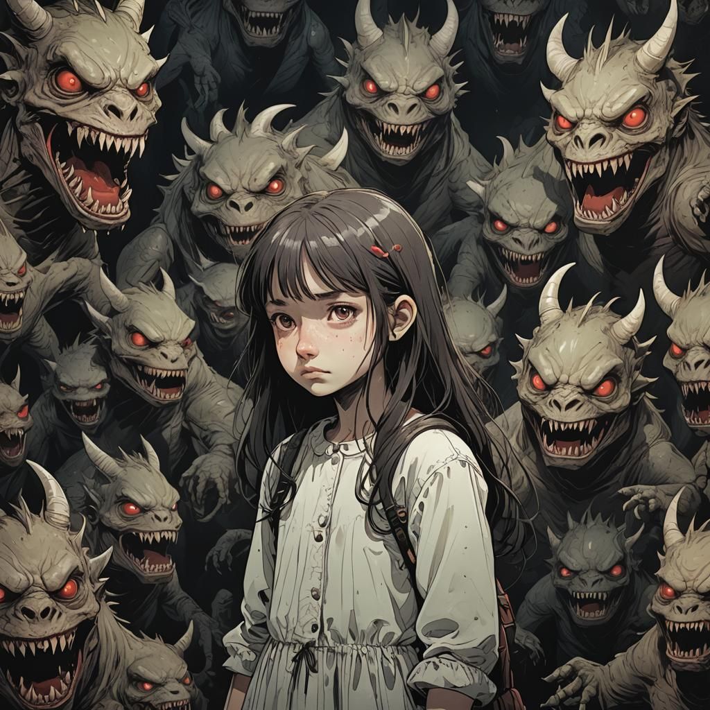 A young innocent girl is surronded by ugly scary monsters and her inner light is dimming from the darkness surronding he...