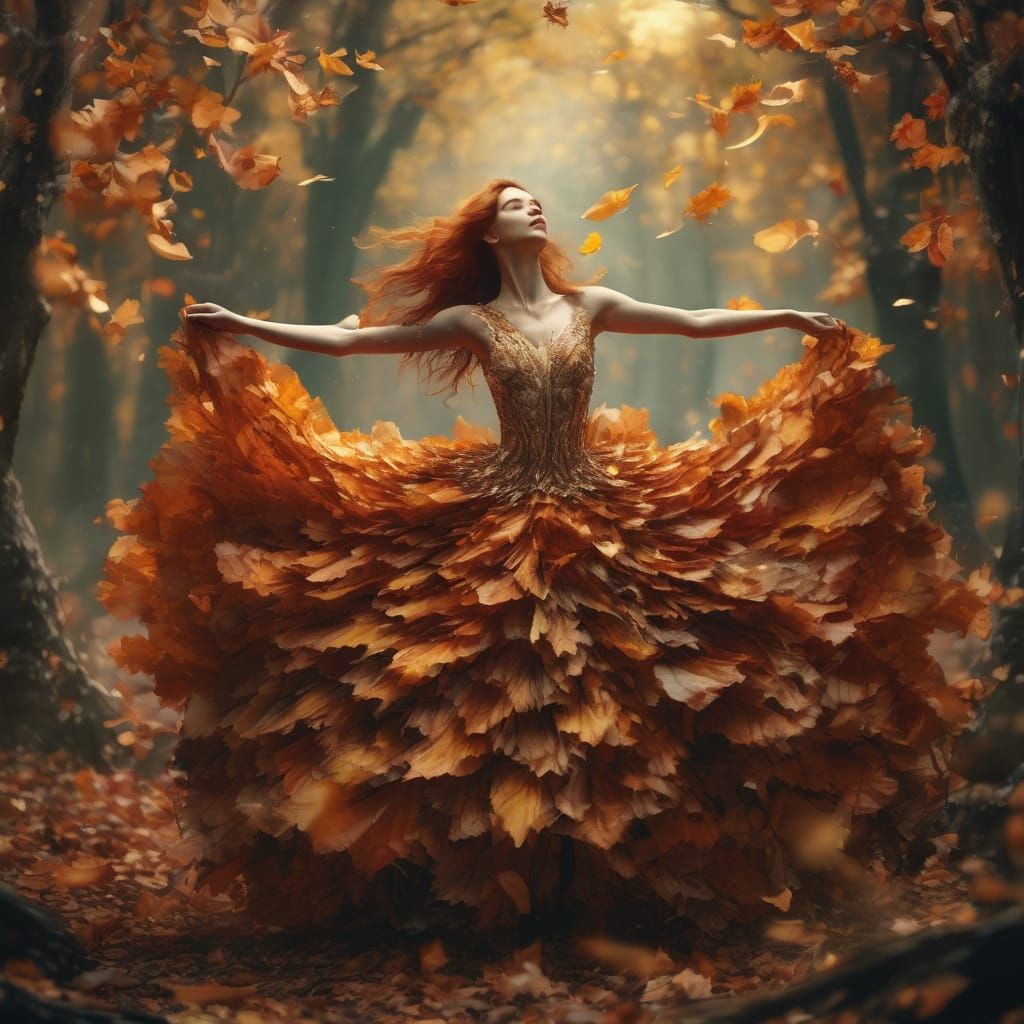A fantasy woman standing in an enchanted autumn forest, wearing a flowing gown made entirely of layered orange leaves. H...