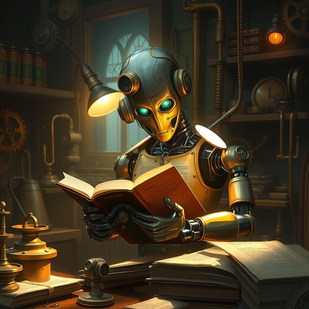 Digital art. A steampunk robot reading a book in a cozy, dimly lit workshop filled with gears and brass instruments. Warm, ambient lighting ...