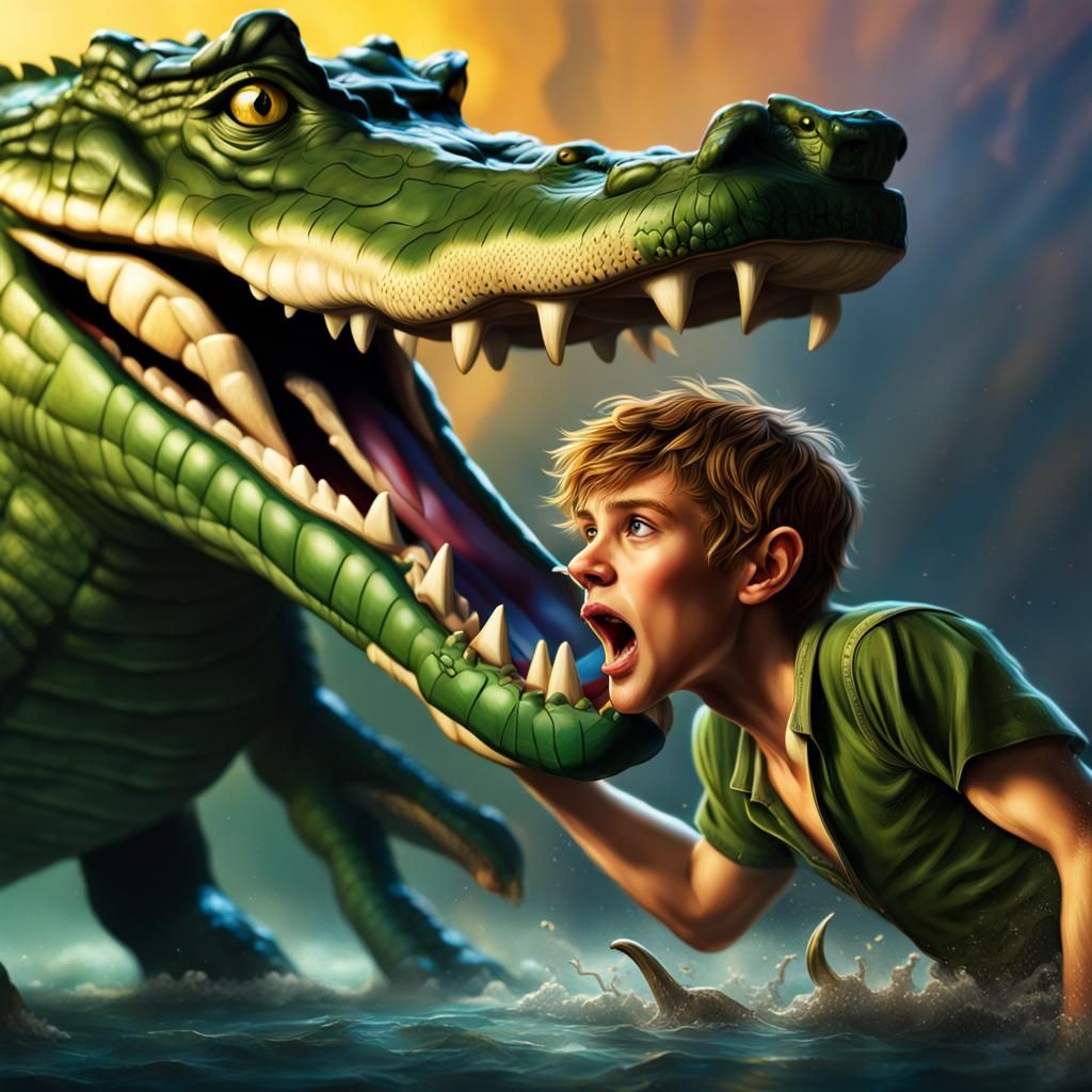peter pan getting eaten by crocodile   Hyper realistic, spla...