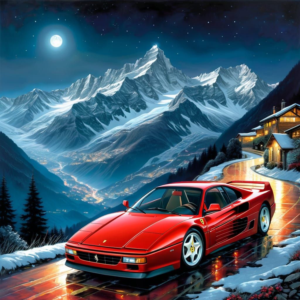Ferrari Testarossa, over looking Swiss Alps