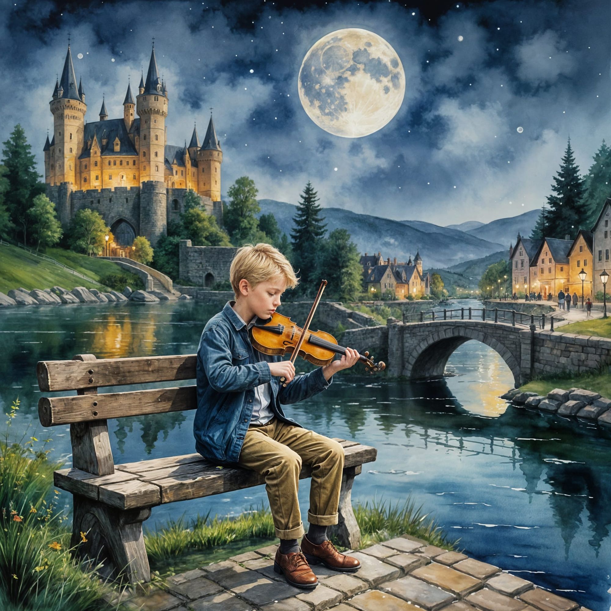 A blond boy sits on a sad bench and plays the violin, next to him is an old castle with stone steps, a river, a lake, water, a bridge, a sty...