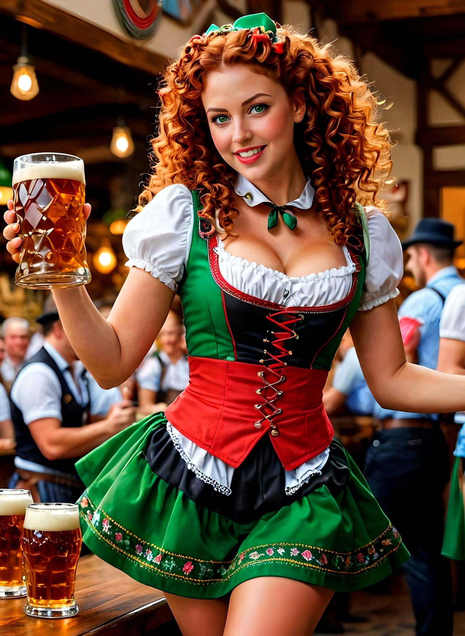 A full-length digital portrait of A beautiful curvaceous, Bar Maiden(bouncing red curls frame her face, ...  by @Lillian Michael