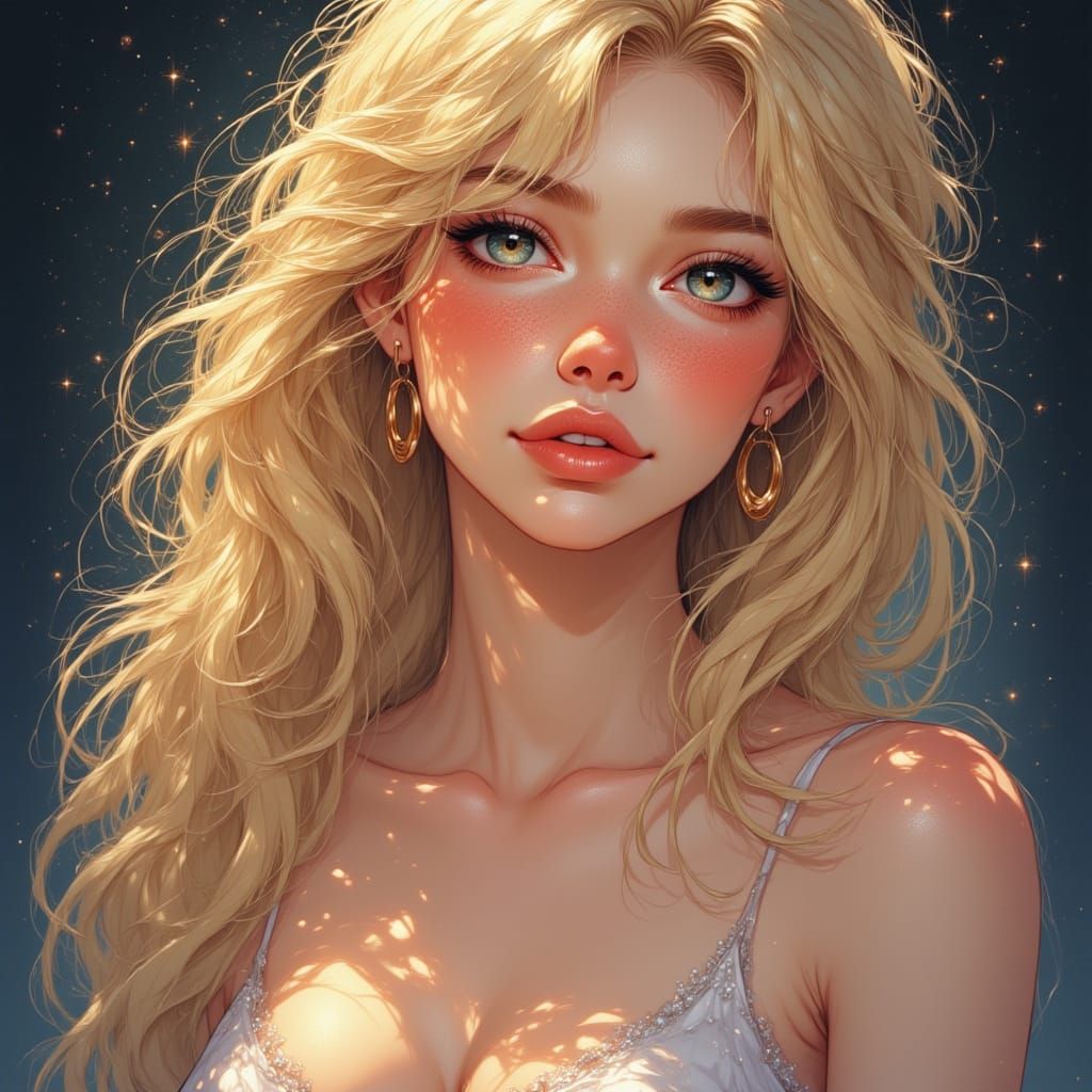 <lora:DrawHerFace:1.0> painterly sparkle glow digital airbrush illustration watercolour painted a curved curvy attractive pretty blonde woma...