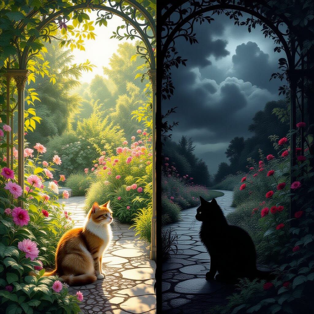 Split image: A serene, sunlit Art Nouveau garden on the left, filled with delicate flora and a gentle ...  by @Nemelyne