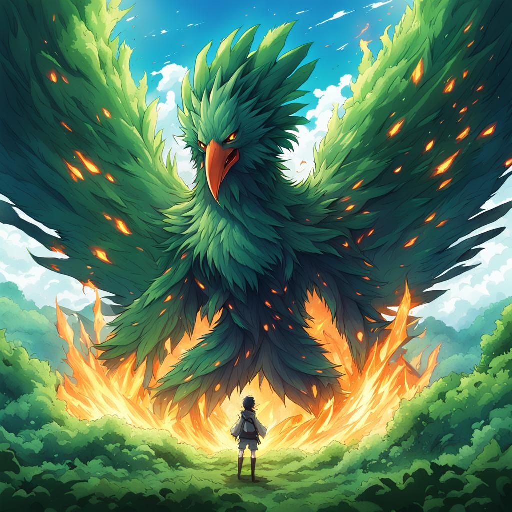 A giant bird monster surrounded by verdant green fire - AI Generated ...