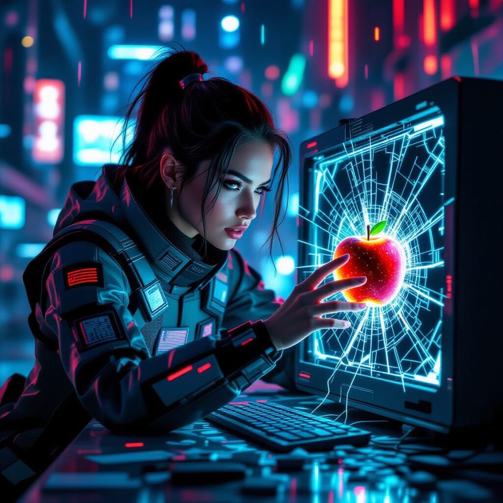 A women grabbing a distorted glitches apple through a screen