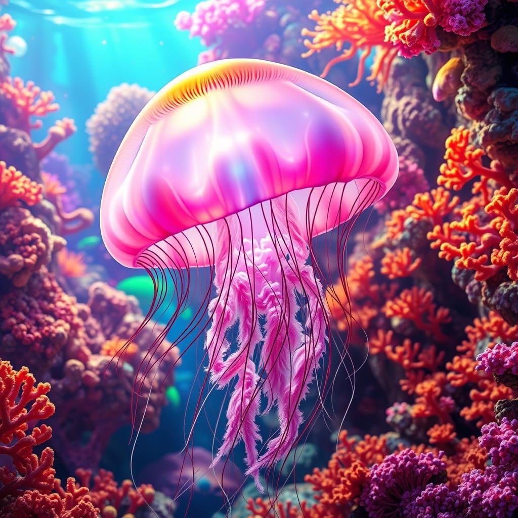 Jellyfish moving through a coral reef  by @ISPI AI Art