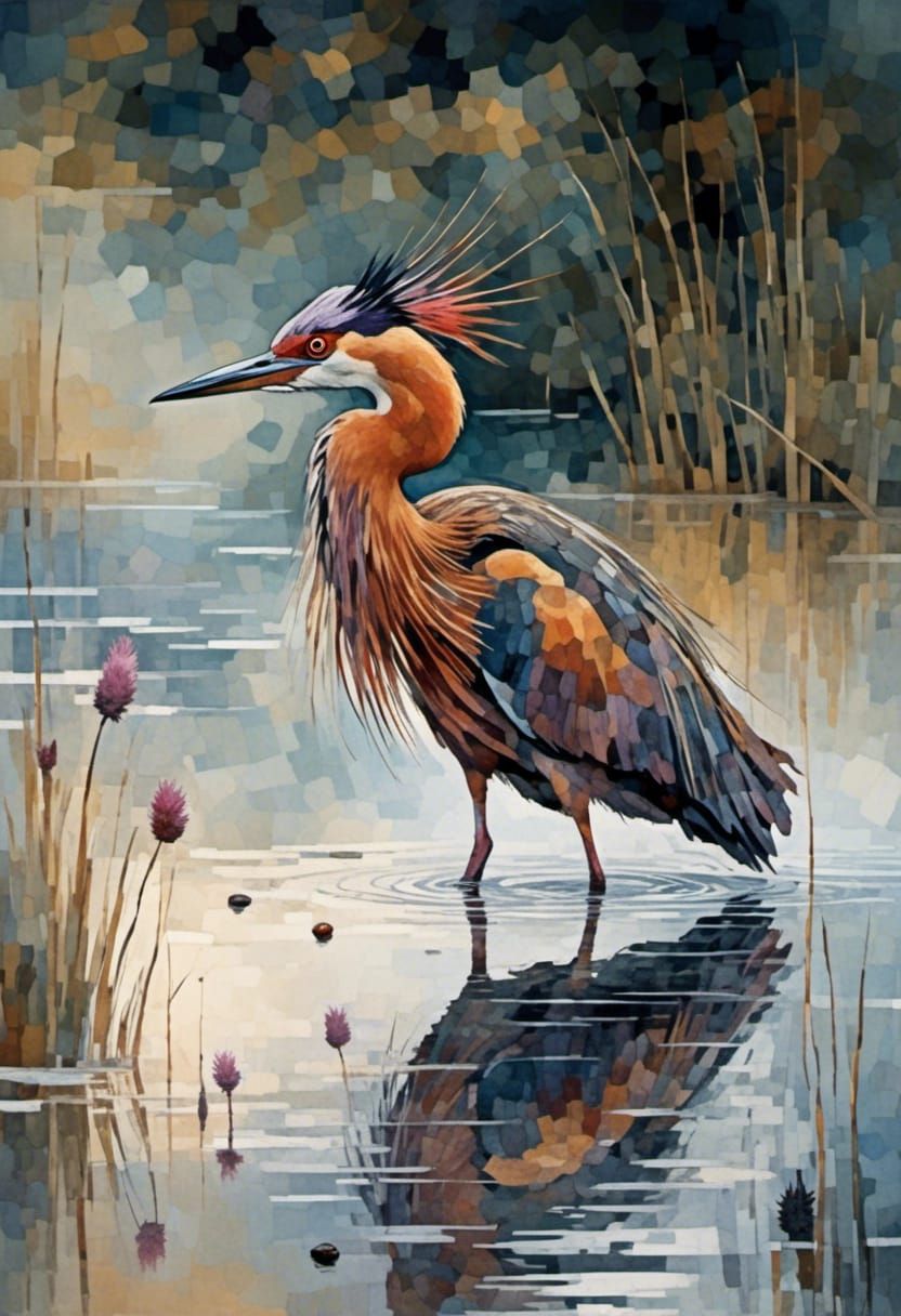 <lora:The Magic Loch:1.0>  A heron in a Scottish loch intric...