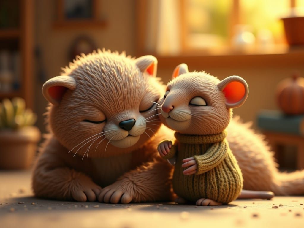 <lora:Claymation:1.0> A tiny, adorable little mouse in a cozy sweater, snuggled up asleep next to a larger, motherly cat with soft, fluffy f...