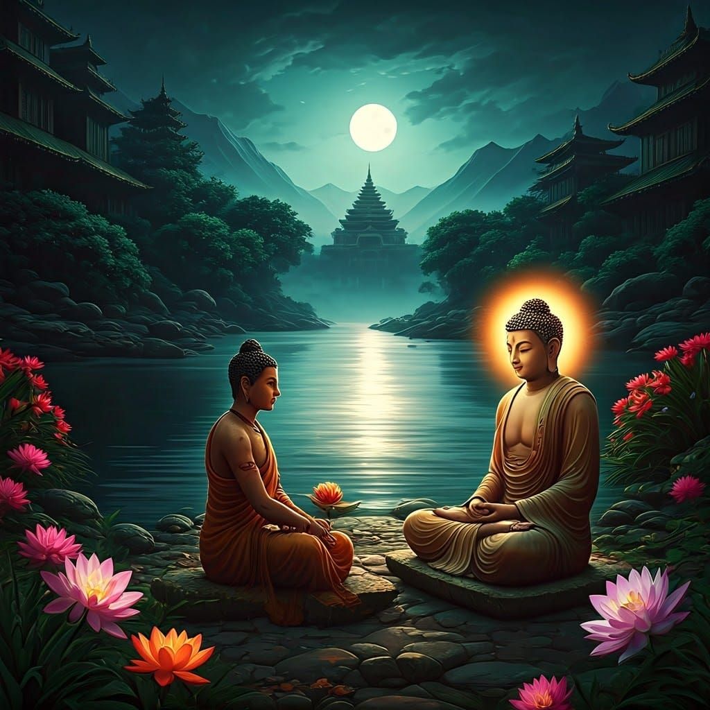 Buddha and Subhuti on Ganges Riverbank in Art Nouveau Style