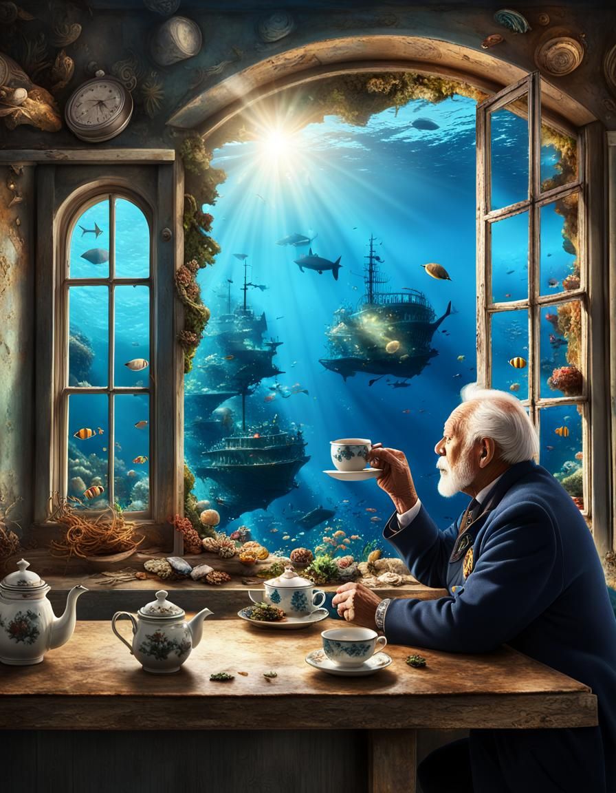 An old man drinking tea and enjoying the underwater scenery