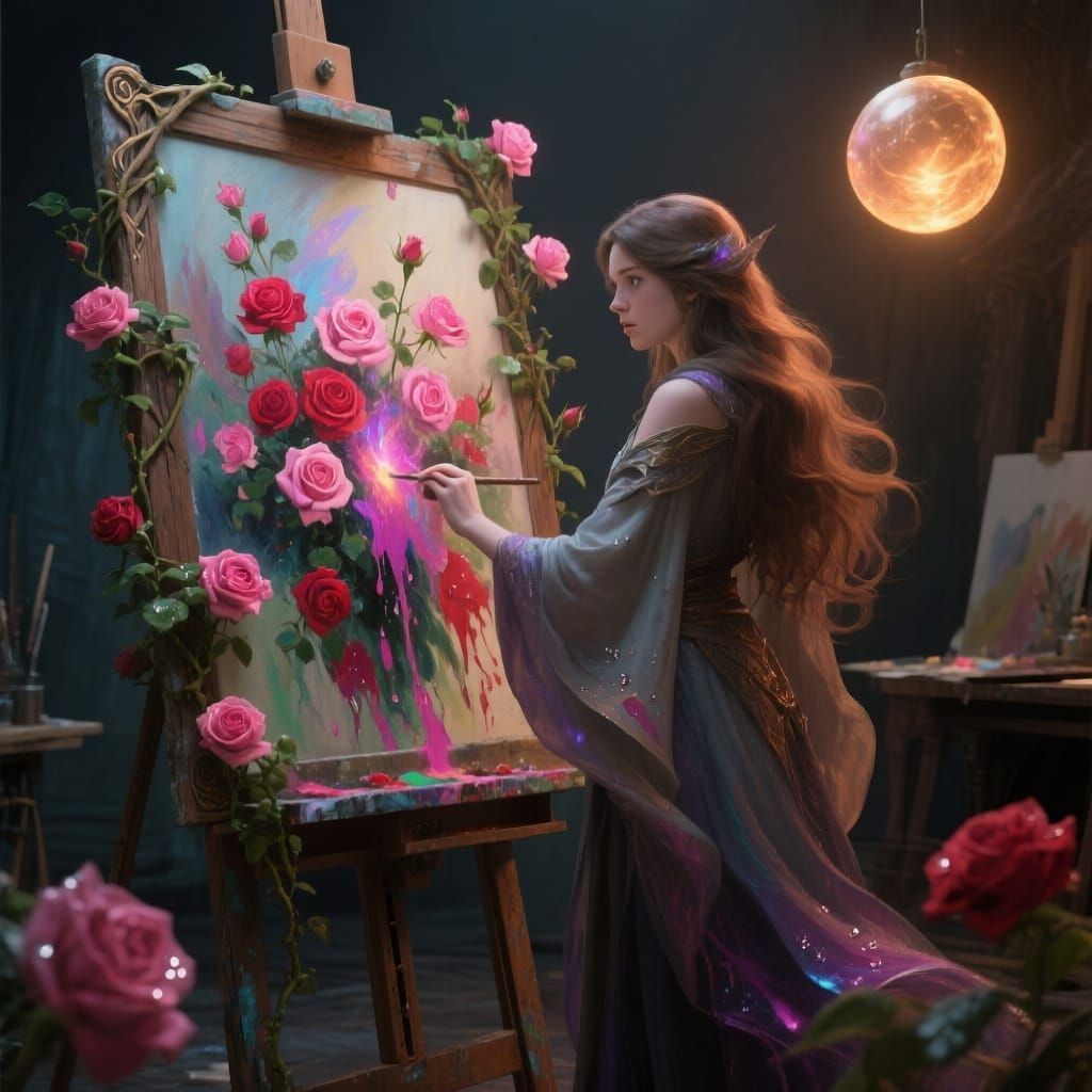 A Magical Artist, who is painting wild roses blossoming on a...