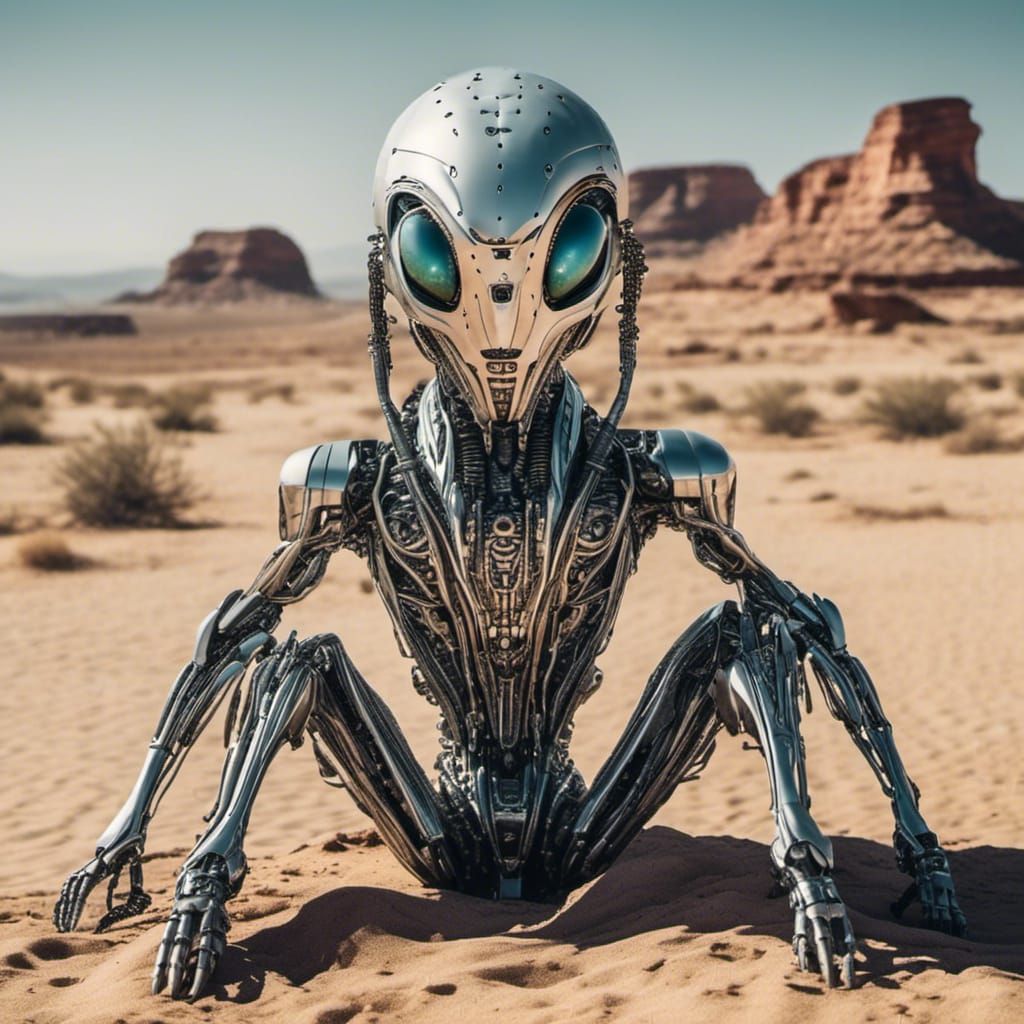 <lora:Automatica:1.0> Alien  robot sitting in desert 