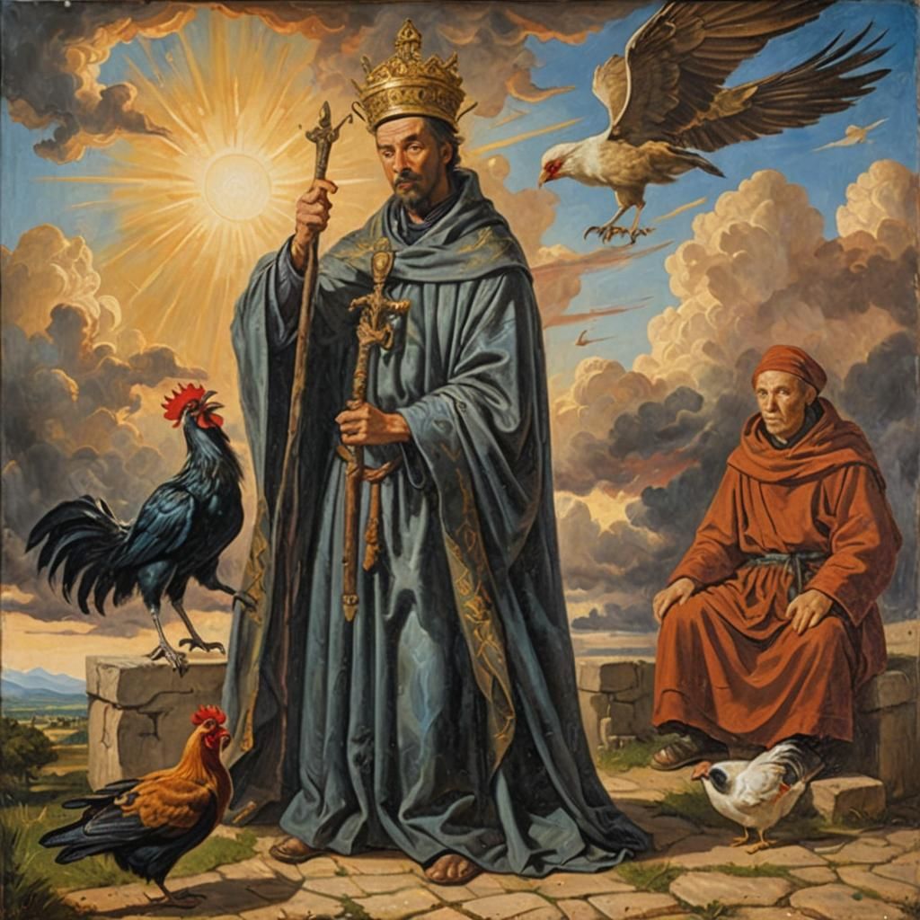 A man fighting with birds. A monk sitting