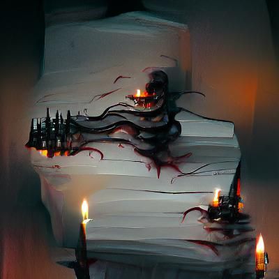 Melting lit candles perched on top of a spine in the dark