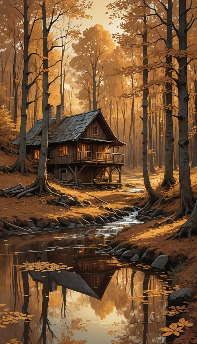 During the fall, A desolate hut in the Forrest with a river stream :: Abstract artwork featuring various ...  by @Mapleaf100color