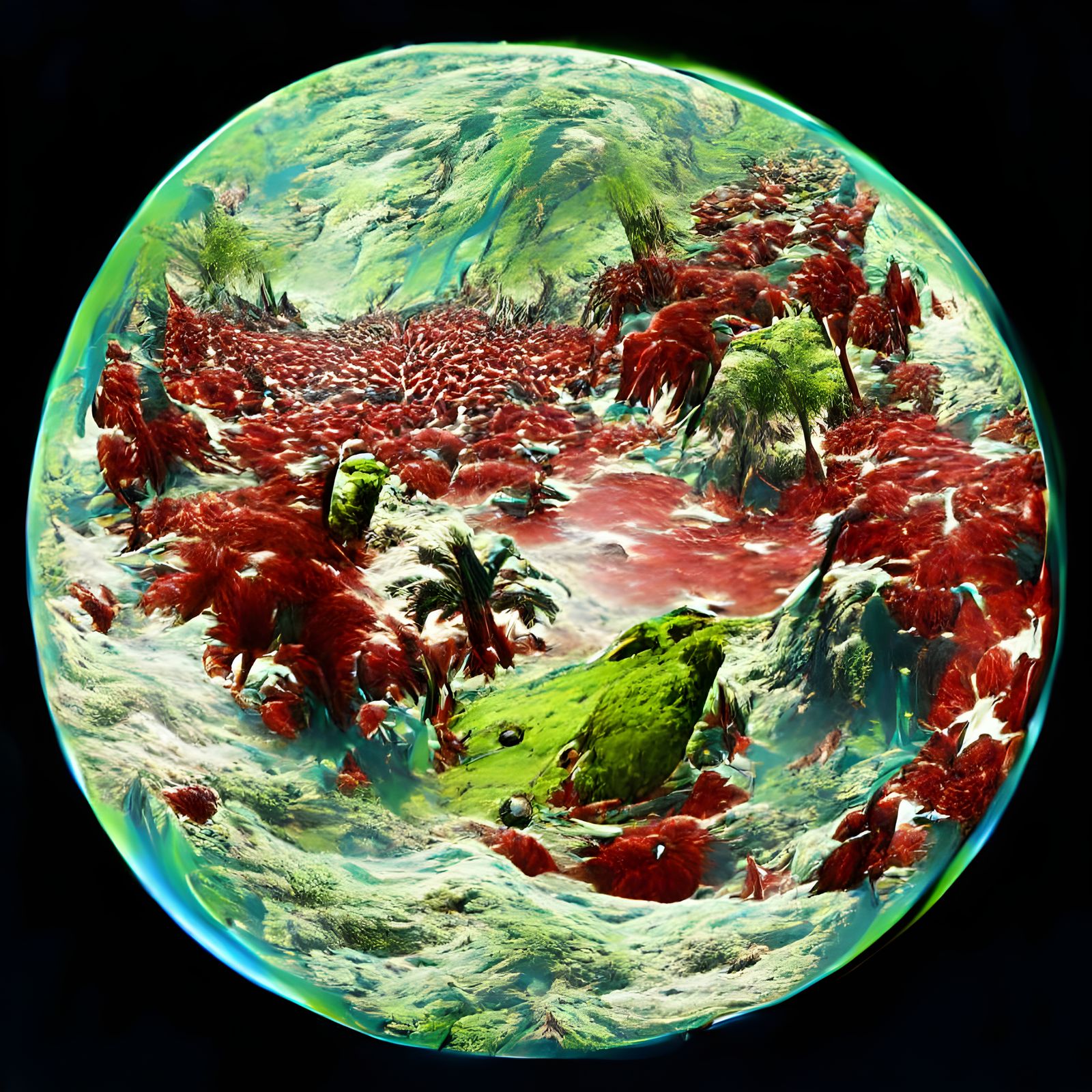 A planet covered in moss with vast red oceans