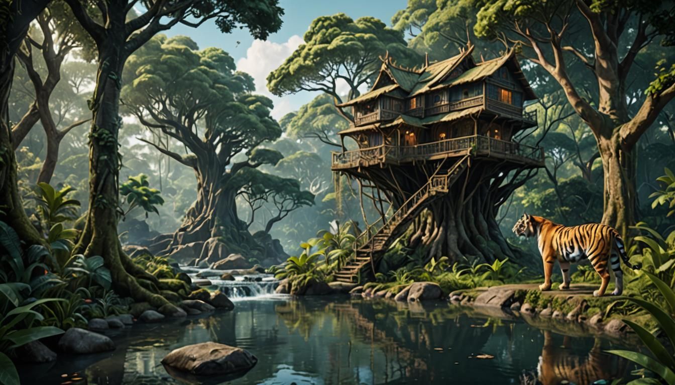 Tropical forest with tall trees, a tree house, and a tiger a...