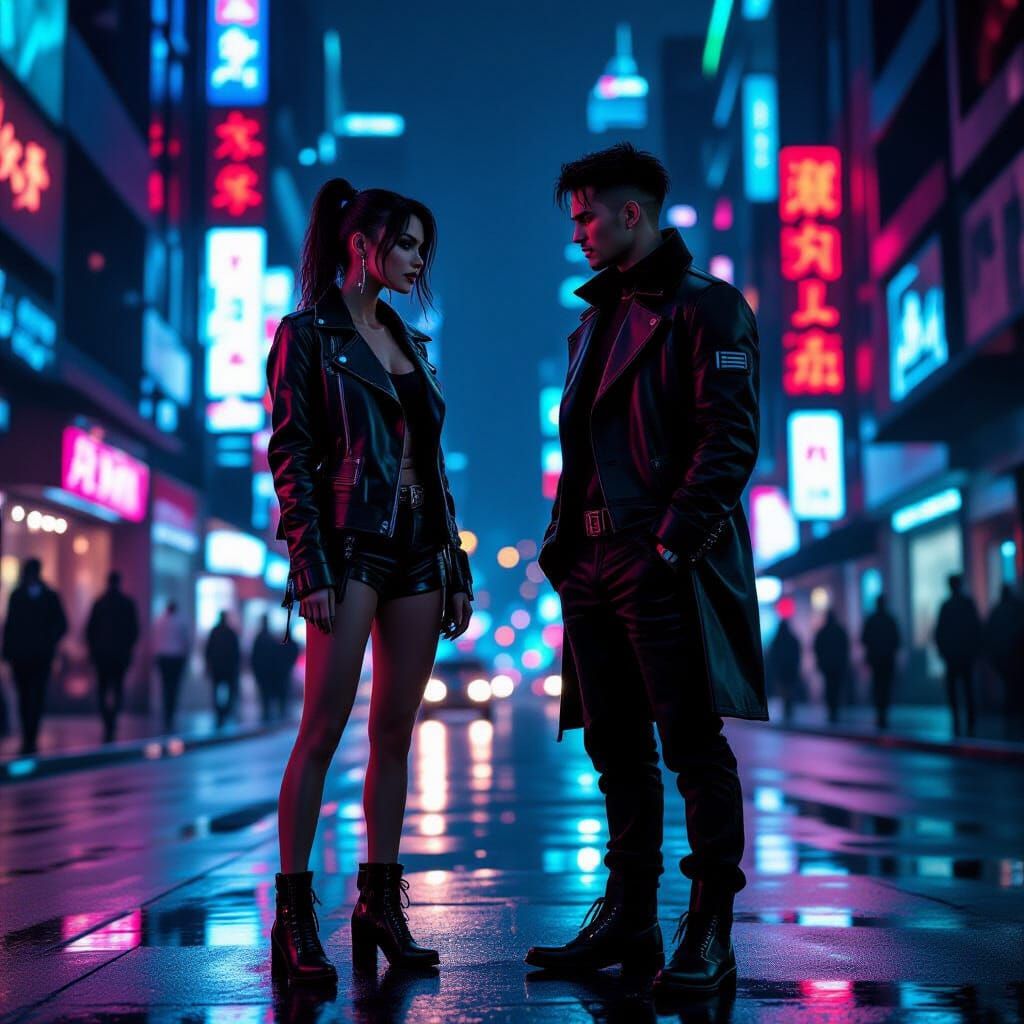 Stylish Couple in Neon-Lit Cyberpunk Cityscape
