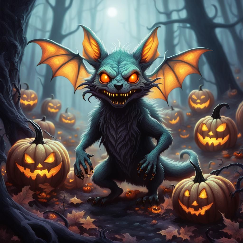 Baby Chupacabra in Haunted Forest, Dark Fantasy Illustration