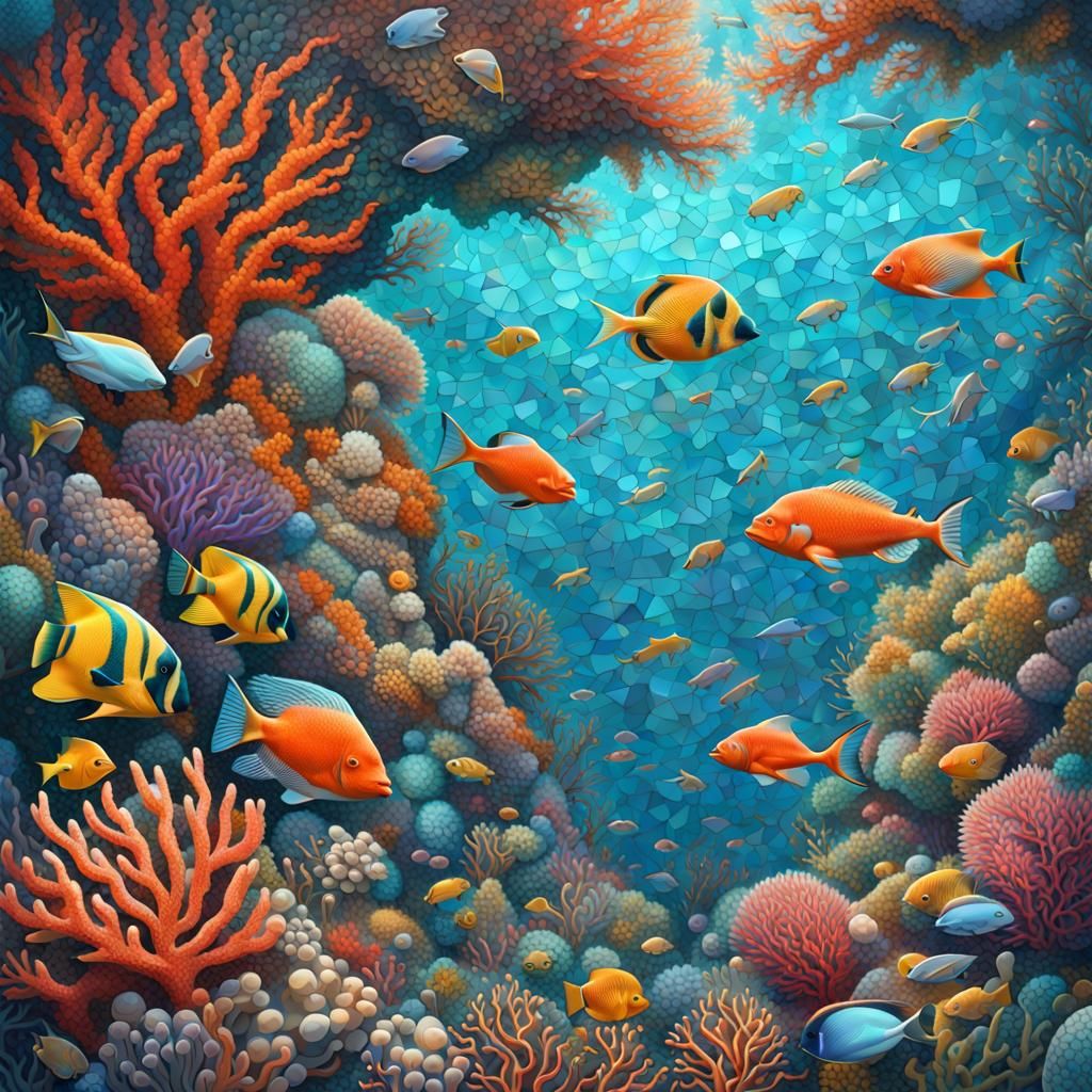 mosaic-inspired AI art that features vibrant marine life, co...