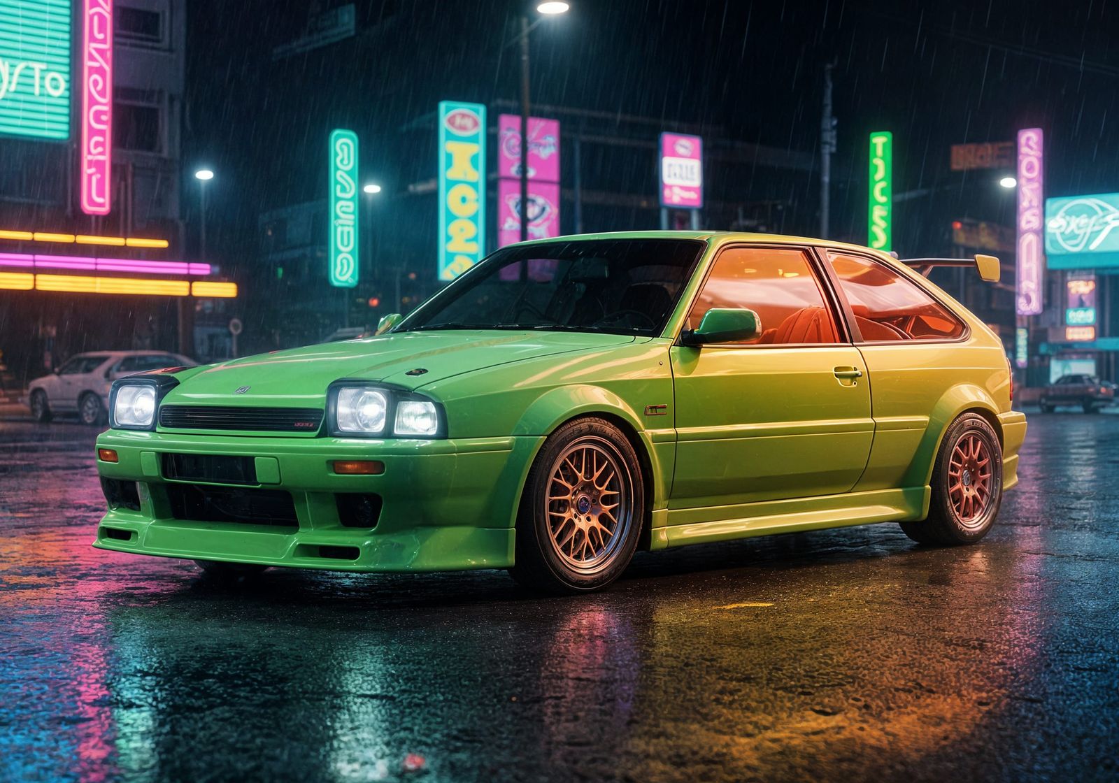 Neon Hatchback in Retro Synthwave Cityscape