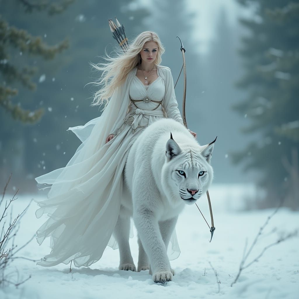Snow Queen on Lynx in Hyperrealistic Style