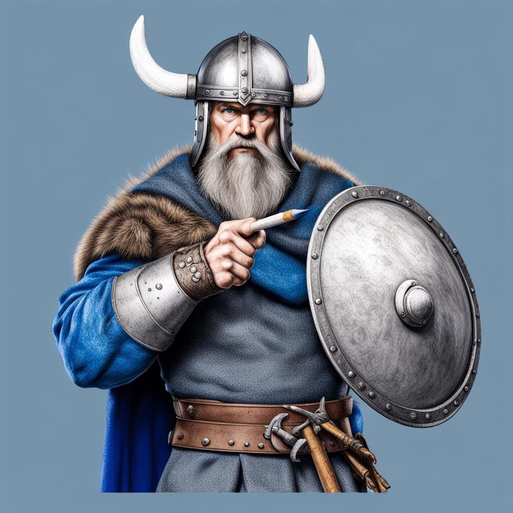 Viking pointing front, holding a pencil, gray helmet, and blue clothes ...