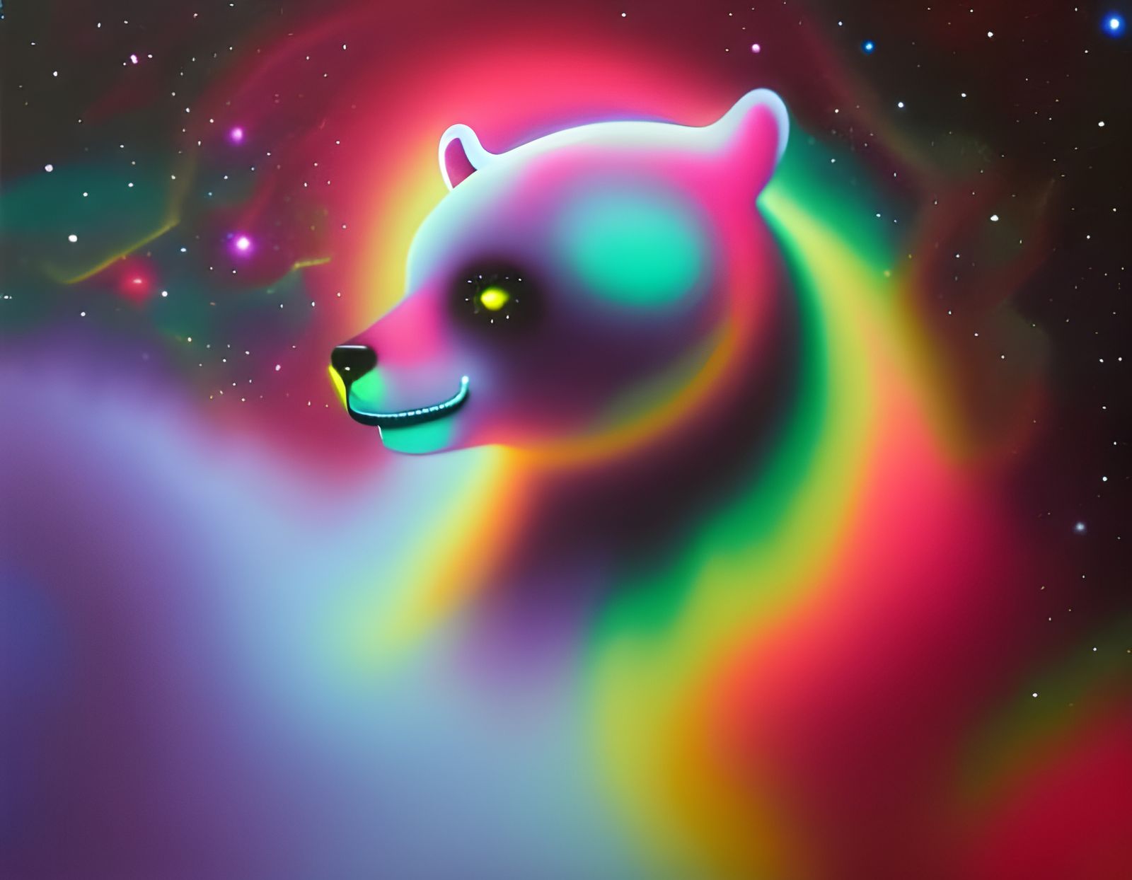 bioluminescent bear in  outer space, iridescent colors, elab...