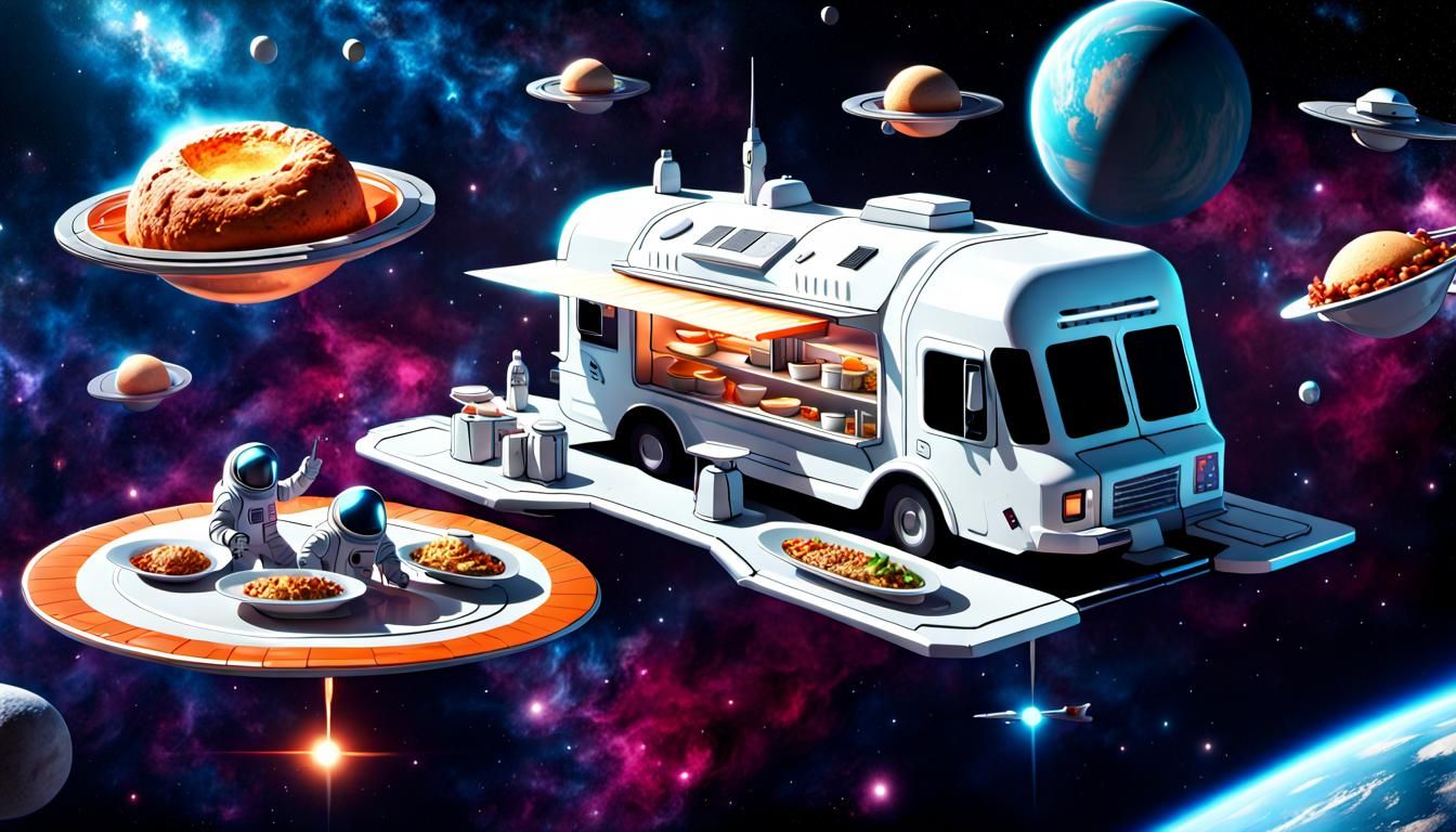 Space Food Truck Orbiting In Space With Spaceships Parked To Get Food   Z7brAJKONkvkUGrEYOef  1  1vtt9 