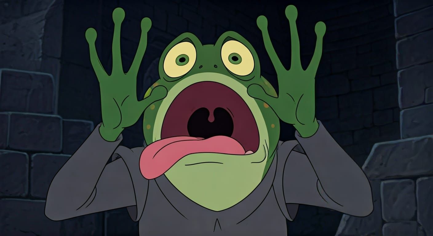 Surprised Frog Knight in Animated Style