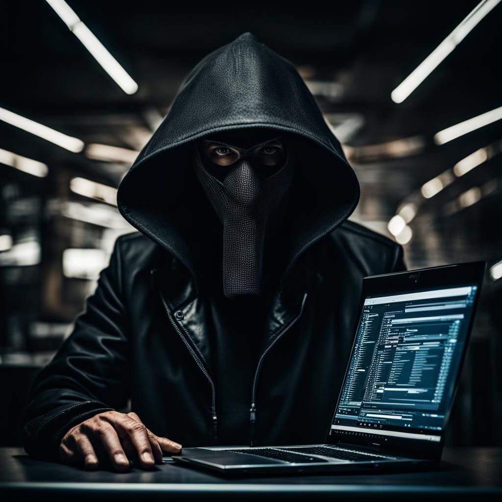 hacker in a mask, behind a laptop, around the network