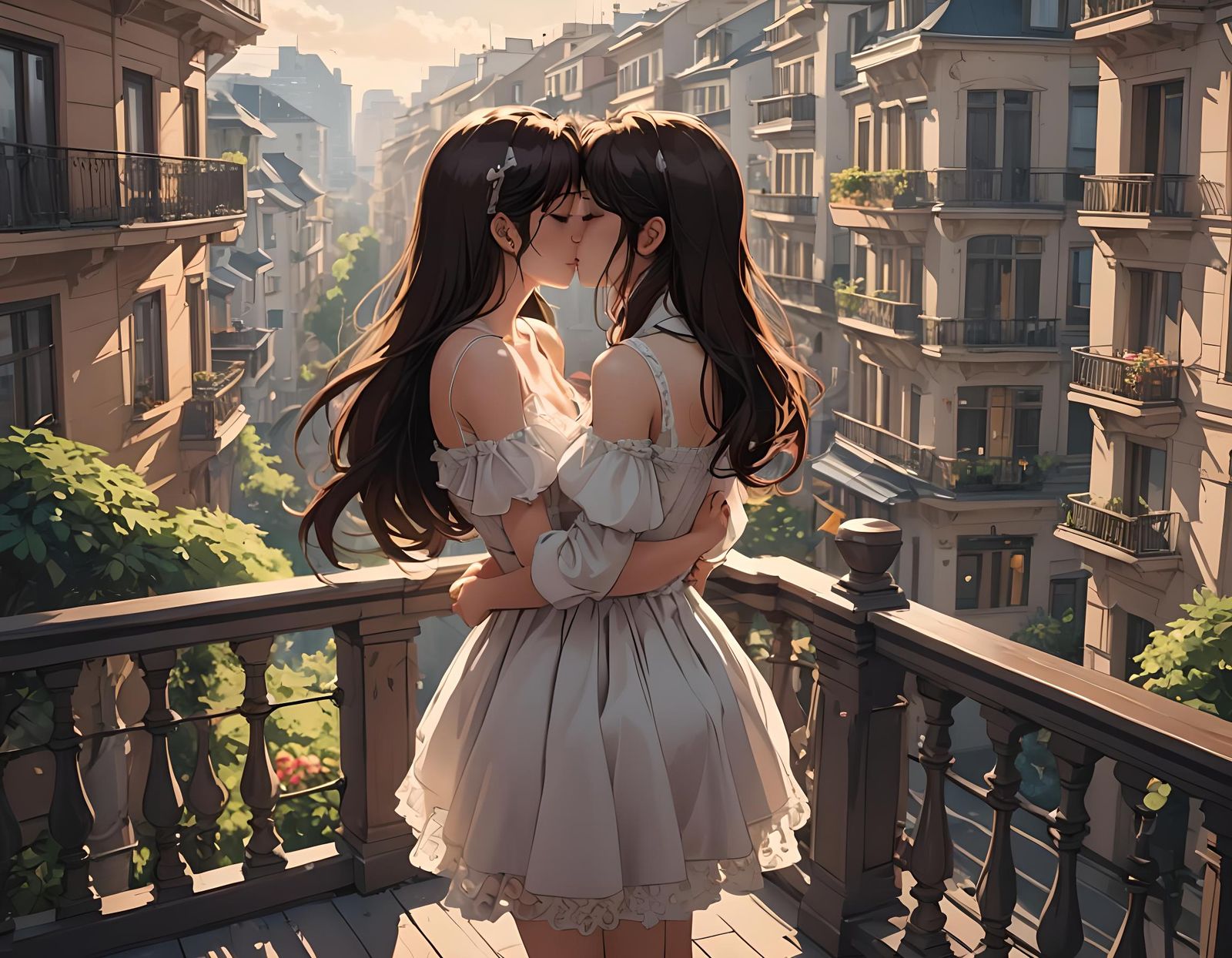 Brunette ladies kissing, fashion dress, balcony