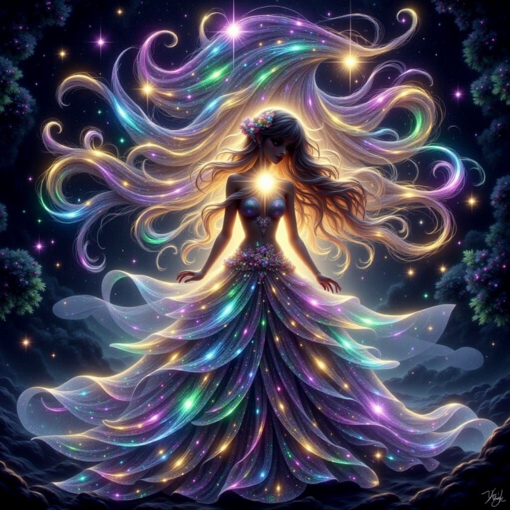 Feel the energy, electric sway,
As she dances through the night into day,
With whispered tones, the cosmos align,
In her embrace, our hearts...
