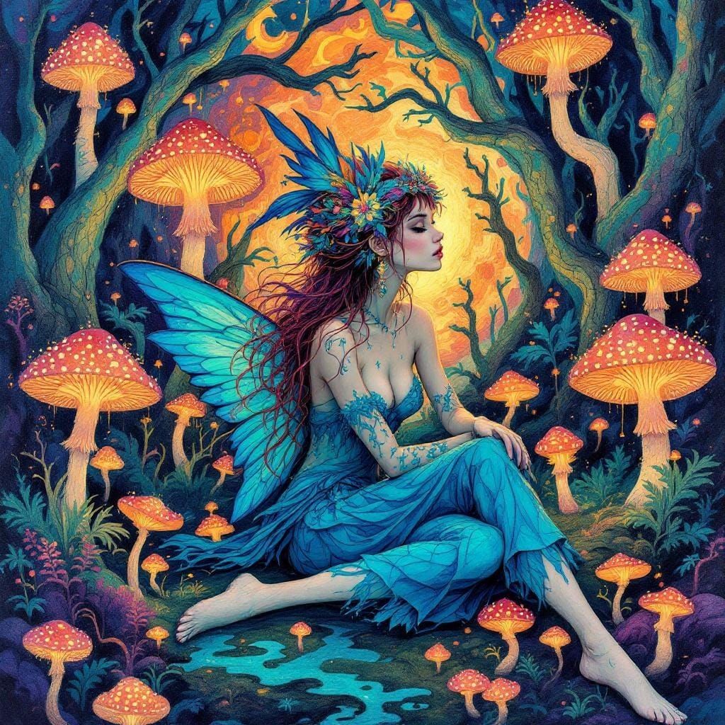 forest fairy between mushrooms, in magical forest, psychedelic art, in tuquoise shade  by @Elfaerion