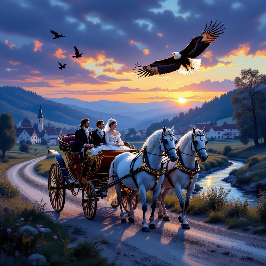 סוסים לבנים מלכותיים גוררים כרכרה מעוטרת מהמאה ה-18 בדרך עפר בין-עירונית כפרית. שני סוסים לבנים מלכותיים מובילים כרכרה מלכותית מפוארת עם גימ...