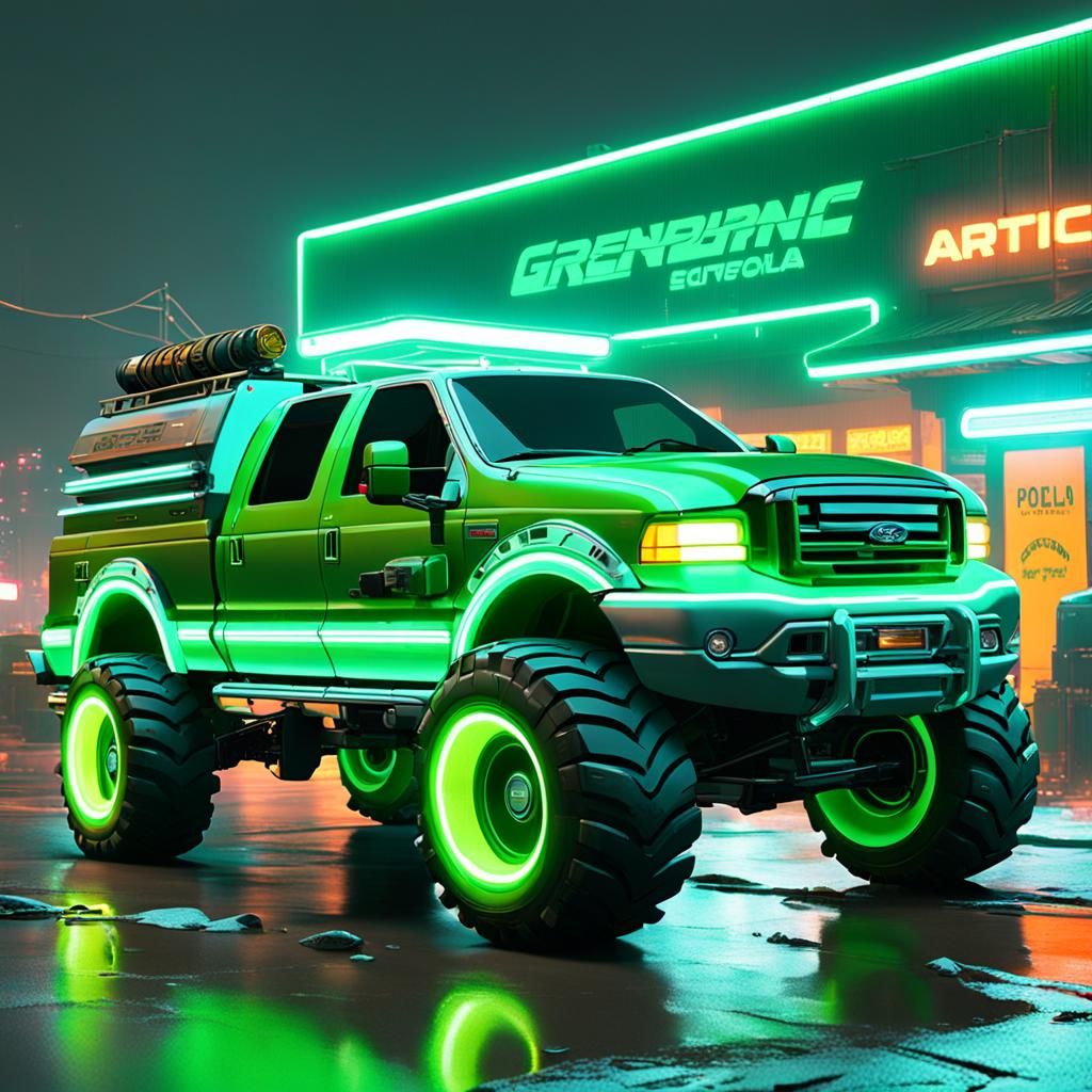 Green 1998 Ford F-250 artic expedition truck (cyberpunk 2099...