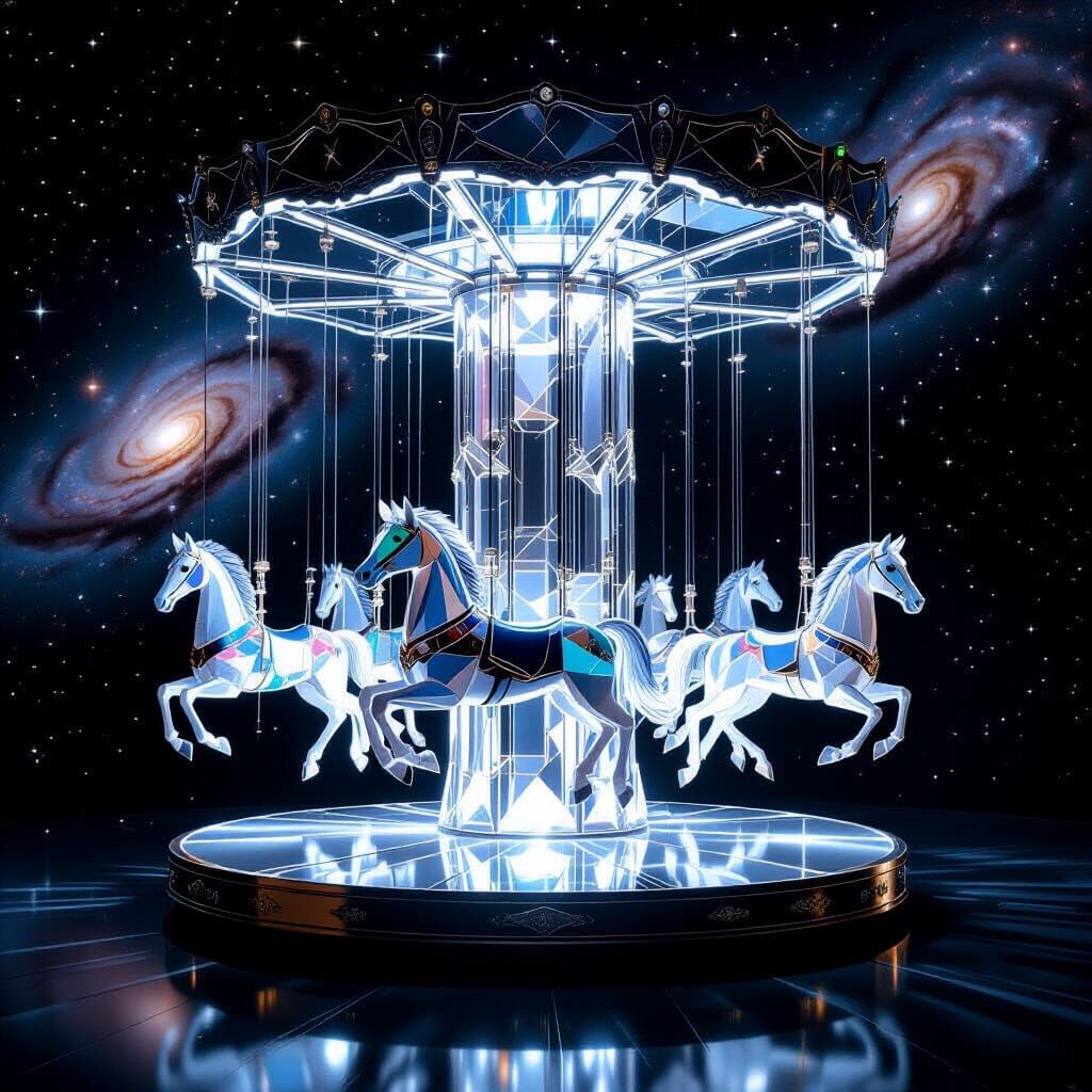 A carousel made entirely of crystal and light, suspended in the void of space, with distant galaxies swirling in the background. The 'horses...