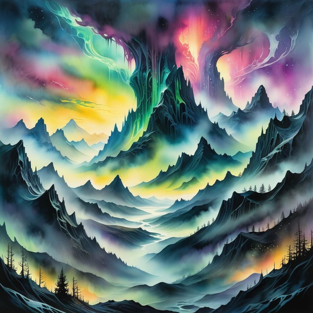 Surreal Aurora Landscape in Watercolor Style