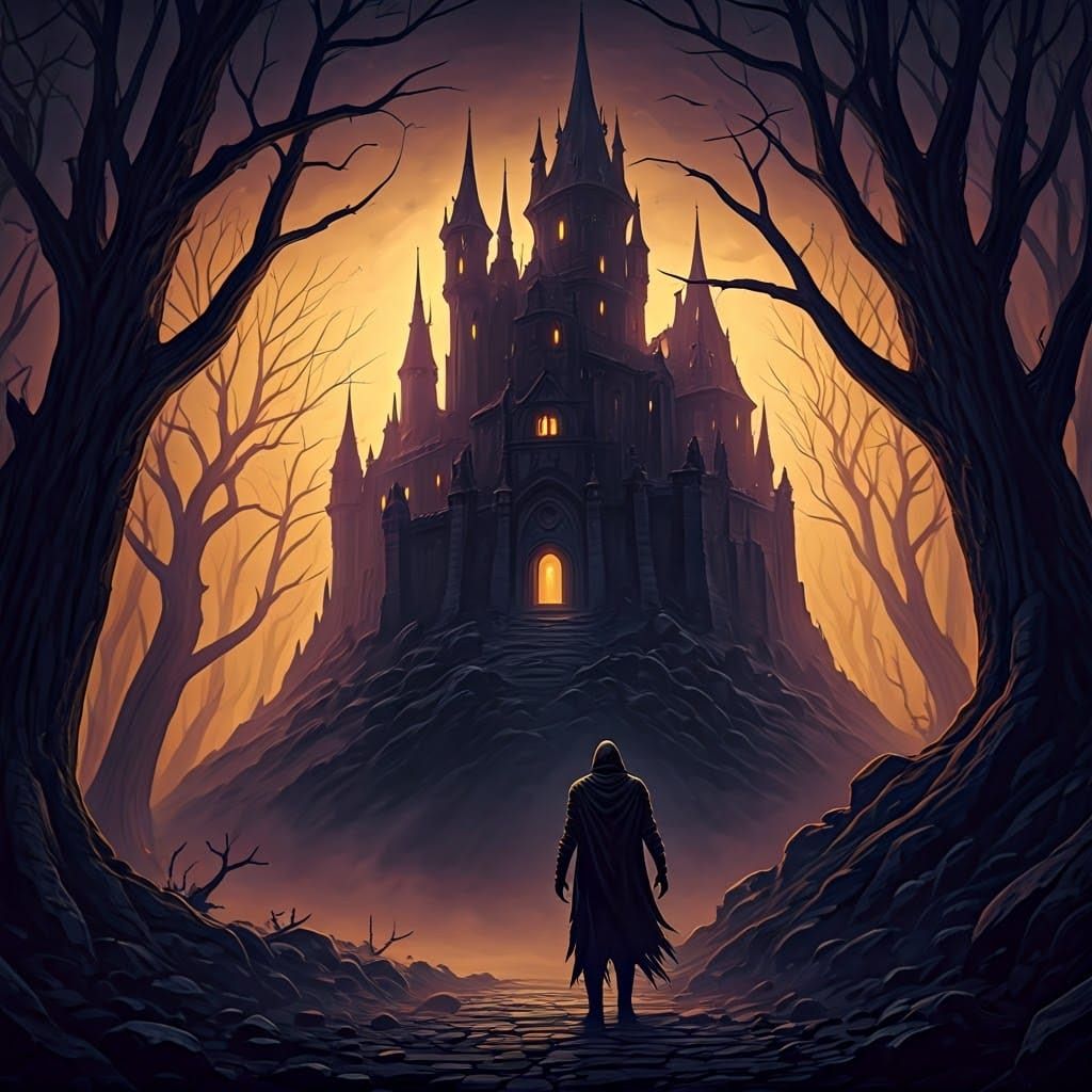 Eerie Abandoned Castle with Sinister Figure in Dark Fantasy ...