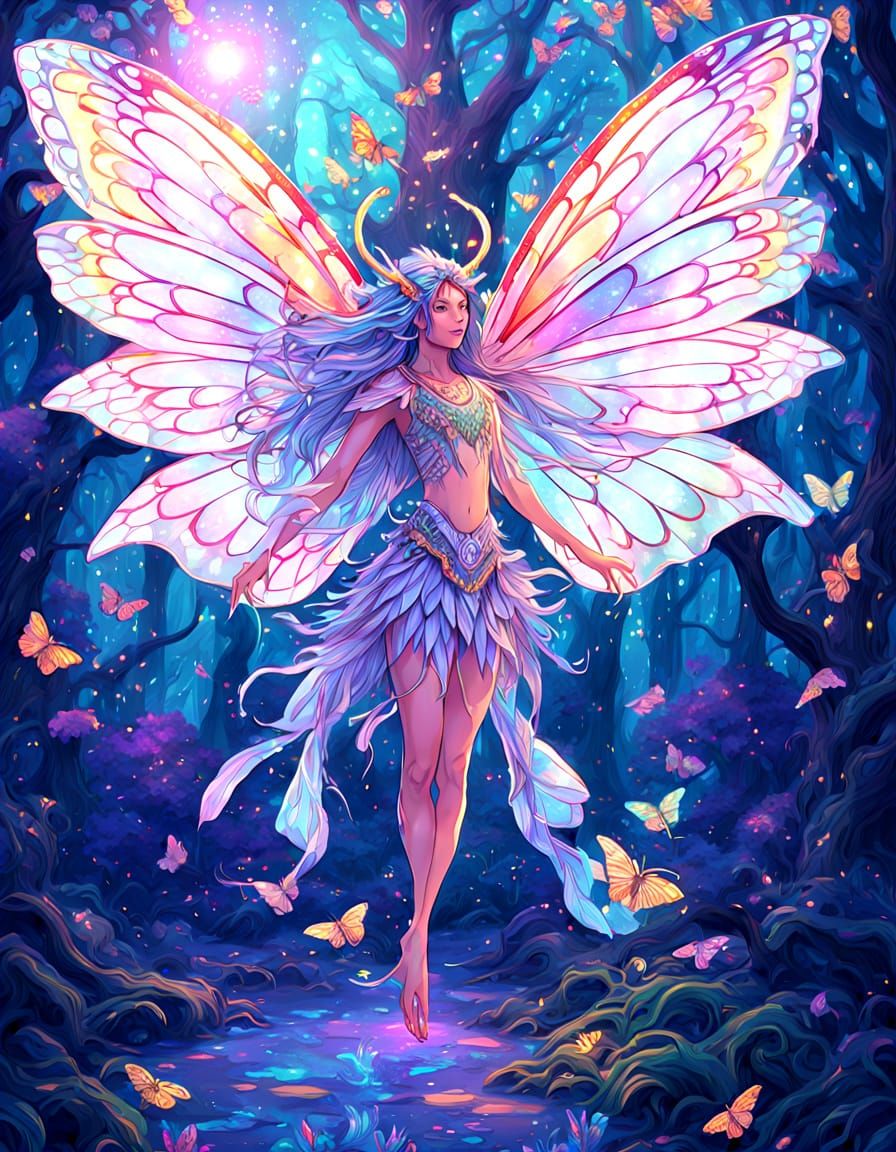 Detailed splash art. A divine, male moth-like fairy with intricate patterns on its wings and long flowing hair, wearing an elaborate headdre...