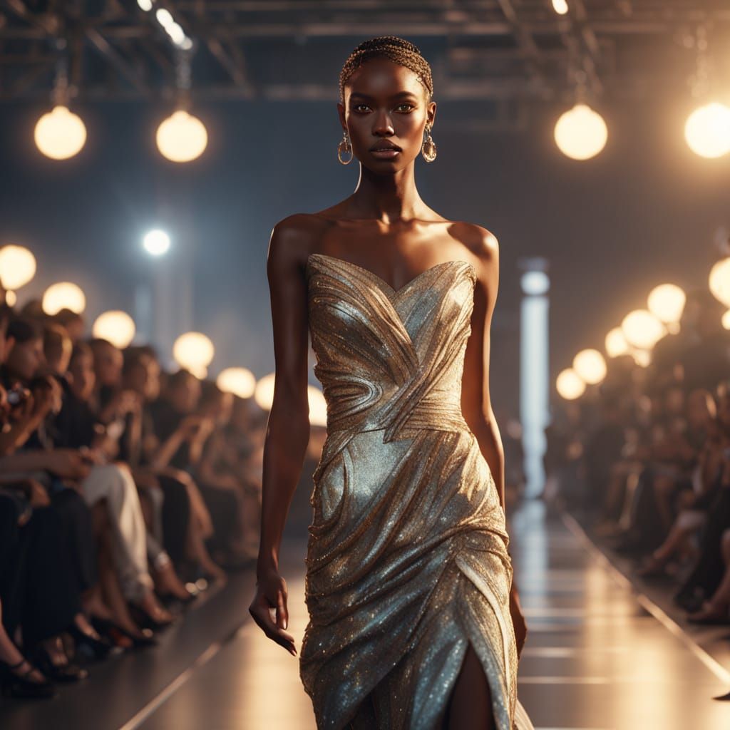 photo of a tall slim model on a fashion show runway. The model has high cheekbones, wearing an evening ...  by @Manxman