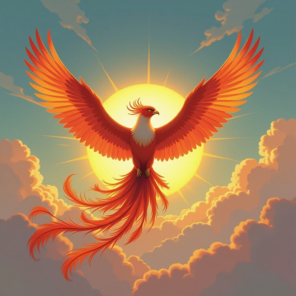 Fire Phoenix with Golden Compass in Sunlit Sky
