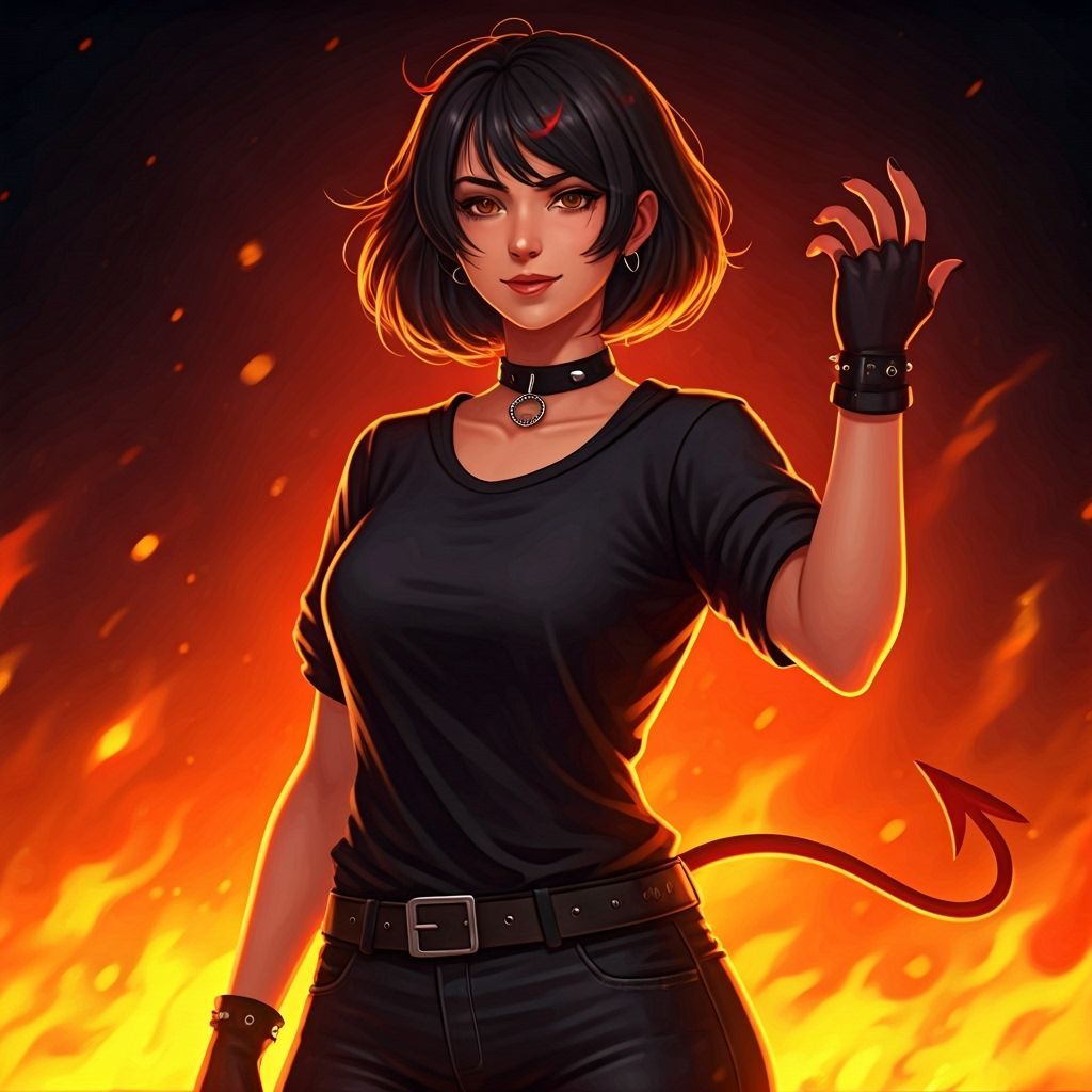 Anime Woman With Devil Hand and Fiery Background