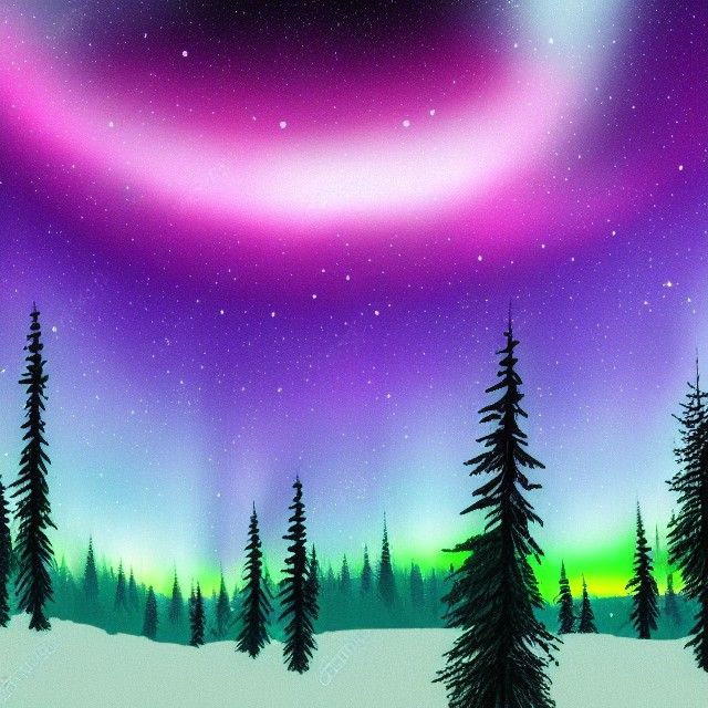Illustrated forest and night sky aurora