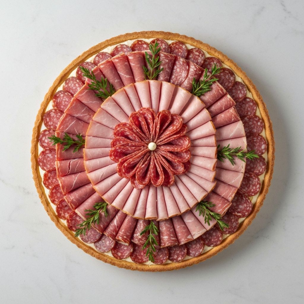 close hyperrealistic, view from the top on one huge tartelette with salami, ham, various cold cuts  beautifully arranged  with herbs on the ...
