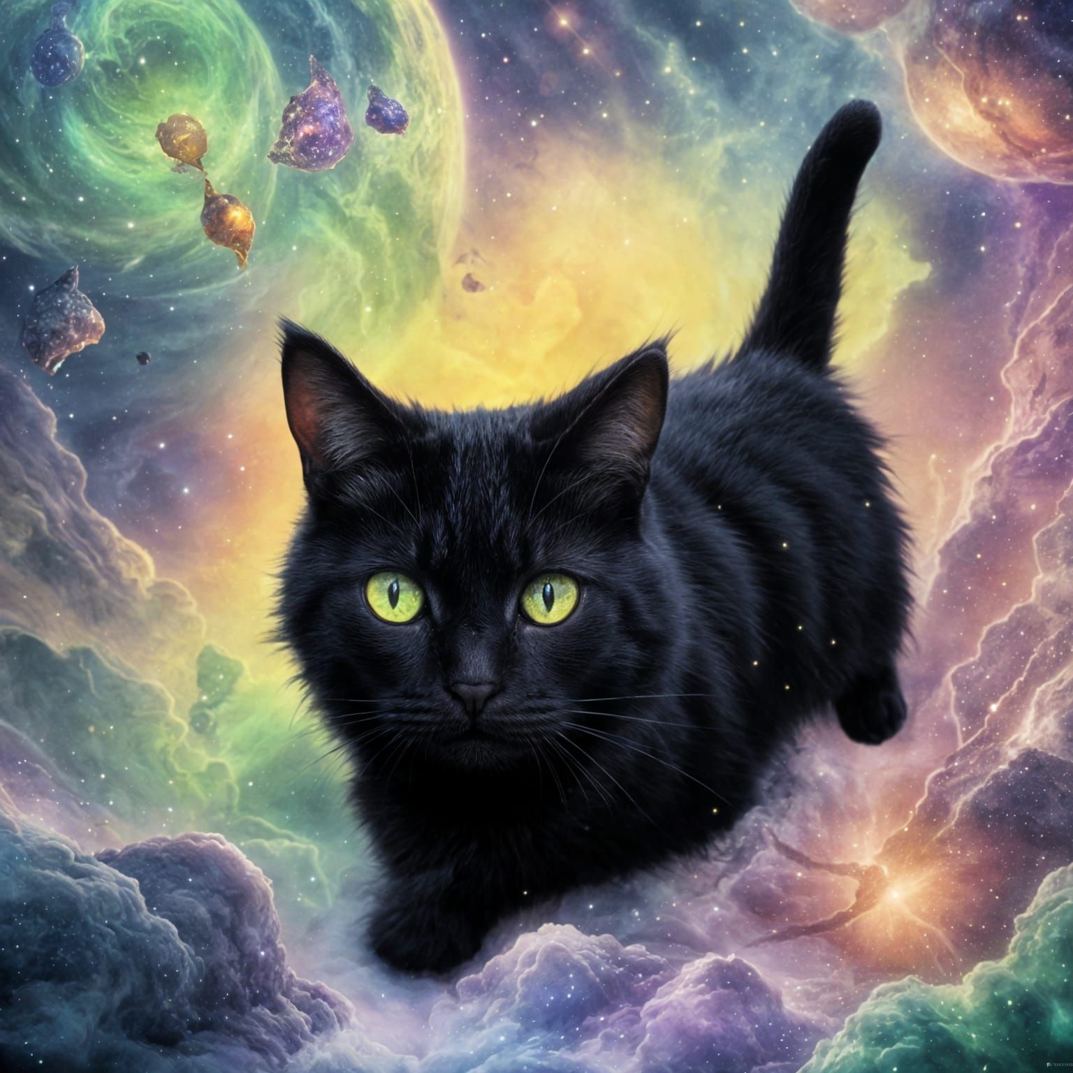 <lora:Cats:1.0>  a mystical black cat in three quarter view, yellow eyes, background deep space with nebula
